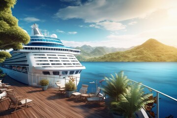 A luxury cruise ocean liner is moored at the pier of a tropical island surrounded with palms trees and beautiful mountain views. Vacation in paradise. Generative AI