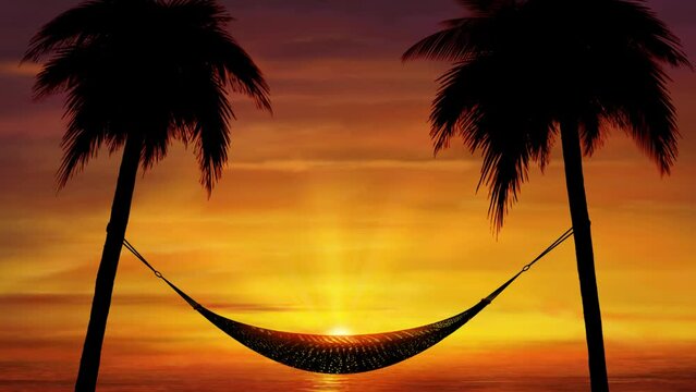 Aesthetic background animation of hammock hanging between two palm trees during sunset at the beach, idyllic and tranquil atmosphere.