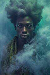Beautiful afro american black man with an afro hairstyle standing in a huge green turquoise cloud of smoke. Generated AI.