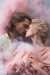 Beautiful couple man and woman standing in a hug kissing in a huge white cloud of smoke. Sensual love relationship. Generated AI.