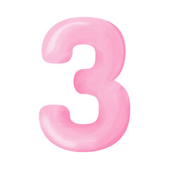 Pink voluminous number figure three with watercolor effect
