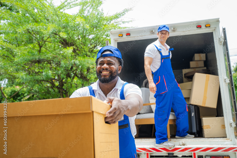 Poster Moving service workers unloading boxes and checking list,After unloading boxes from truck before sending them to the homeowner.