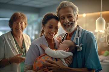 Obraz premium Happy parents in the clinic with a baby in their arms. Generative AI.