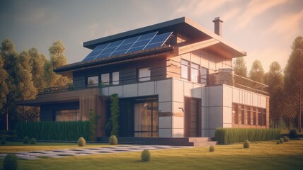 Fototapeta na wymiar Modern two-story cottage with a spacious terrace and solar panels on the roof. Neat lawn in front of the house. Soft sunset light. The concept of smart home and alternative energy. Generative AI