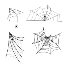 Hand drawn spider web or cobweb with hanging spider. Vector