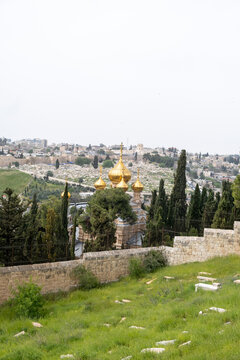 Church of Mary Magdalene from behind with Jerusalem on background in Israel