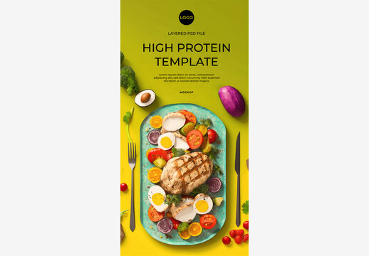 Delicious Breakfast Plate with Eggs, Tomatoes, and Broccoli on Yellow Background with Green Tablecloth and Utensils - Healthy Eating and Meal Prep High Protein, Mockup, Template Generative Ai
