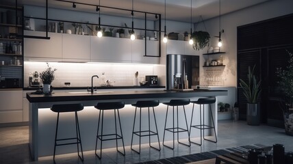 Modern kitchen in a minimalist loft style with a long bar and chairs in a row. Combination of white and black. Living plants in the interior. Comfortable design, effective lighting. Generative AI