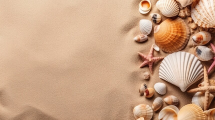 Fototapeta na wymiar Beach Accessories On Sand- Summer Holiday Banner, Top View