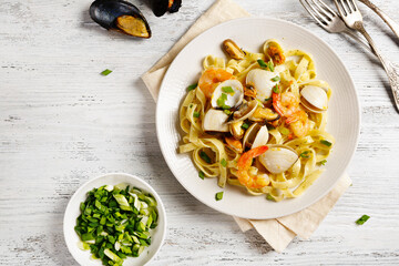 Nutritional pasta with seafood top view