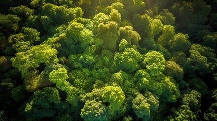 Naklejka na ściany i meble World Environment Day. Aerial view of a vibrant green forest with a different tree species, showcasing the biodiversity and interconnectedness of ecosystems. Generative ai