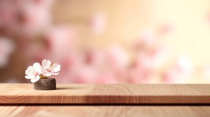 Obraz na płótnie Canvas Empty wooden table product display showcase stage with spring blossom background