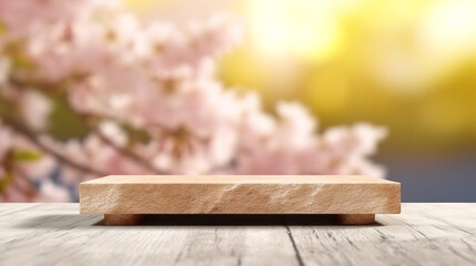 Empty wooden table product display showcase stage with spring blossom background