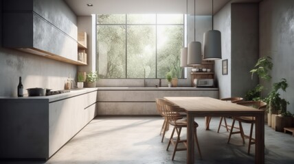 Fototapeta premium Modern spacious minimalistic kitchen with loft elements with large panoramic windows. Dining area, table and chairs. Combination of wood and concrete. Comfortable living space. Generative AI