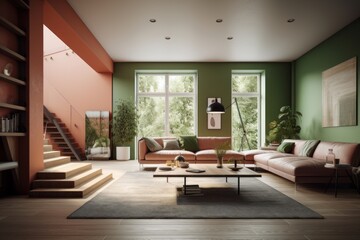 Modern classic living room with comfortable sofa and coffee table. pastel green and pink walls, large windows, paintings on the walls. Nice staircase to the second floor. Trendy color Generative AI