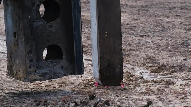 start of construction, driving the first pile . Hydraulic hammer, Construction equipment, Demolition