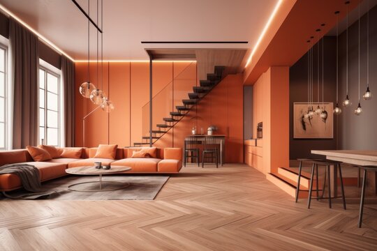 Modern living room with dining area. Fashionable sofa, coffee table, pictures on the wall. Graceful wooden staircase to the second floor. Bright accent wall and sofa in trendy orange Generative AI