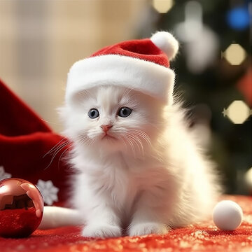 A kitten wearing a santa hat sits next to a christmas tree.  Generative Ai.