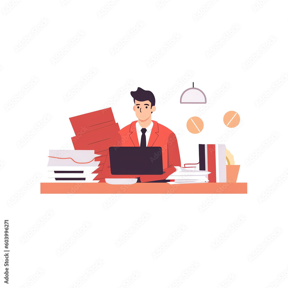 Poster stack or pile of paper with busy small people around. many office work concept. chaos on the workpla