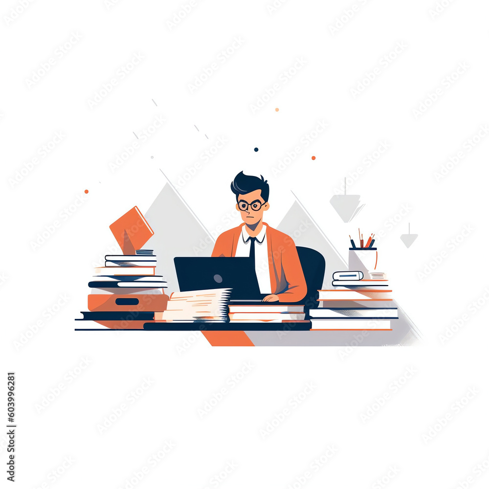 Poster stack or pile of paper with busy small people around. many office work concept. chaos on the workpla