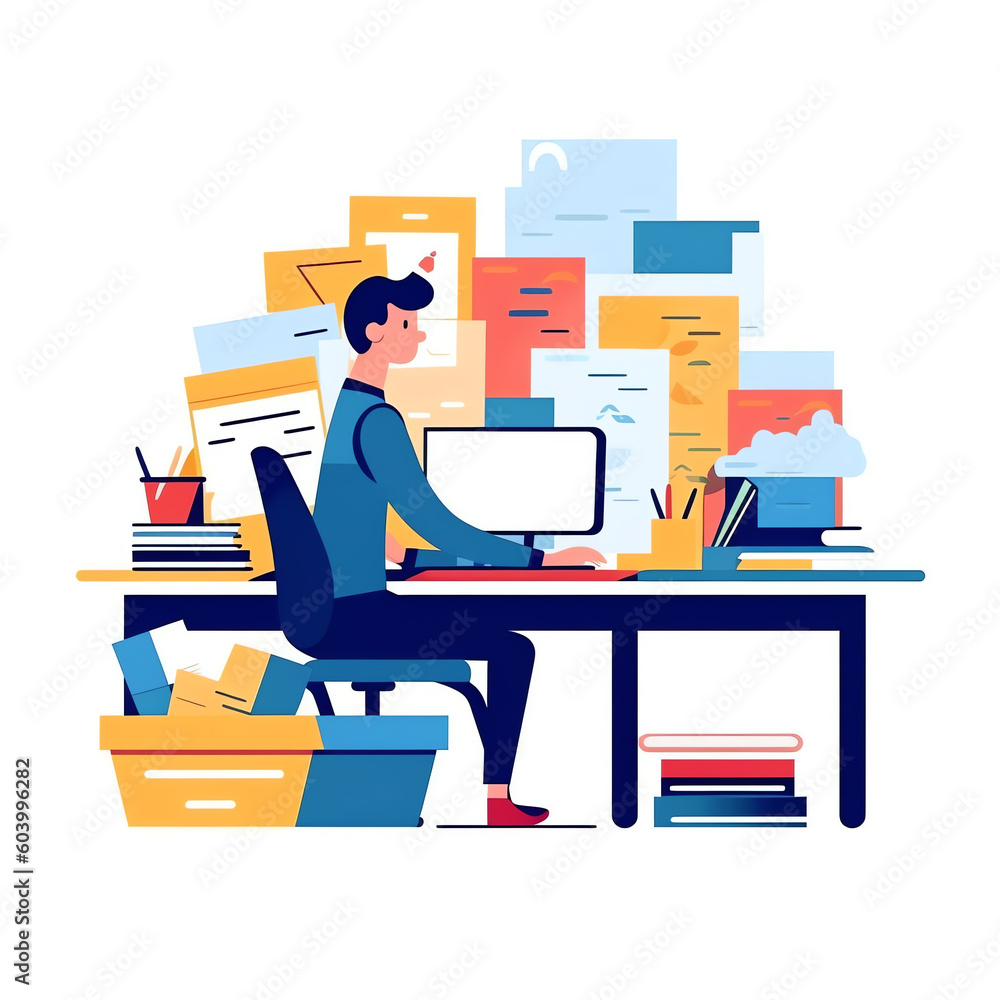 Poster stack or pile of paper with busy small people around. many office work concept. chaos on the workpla