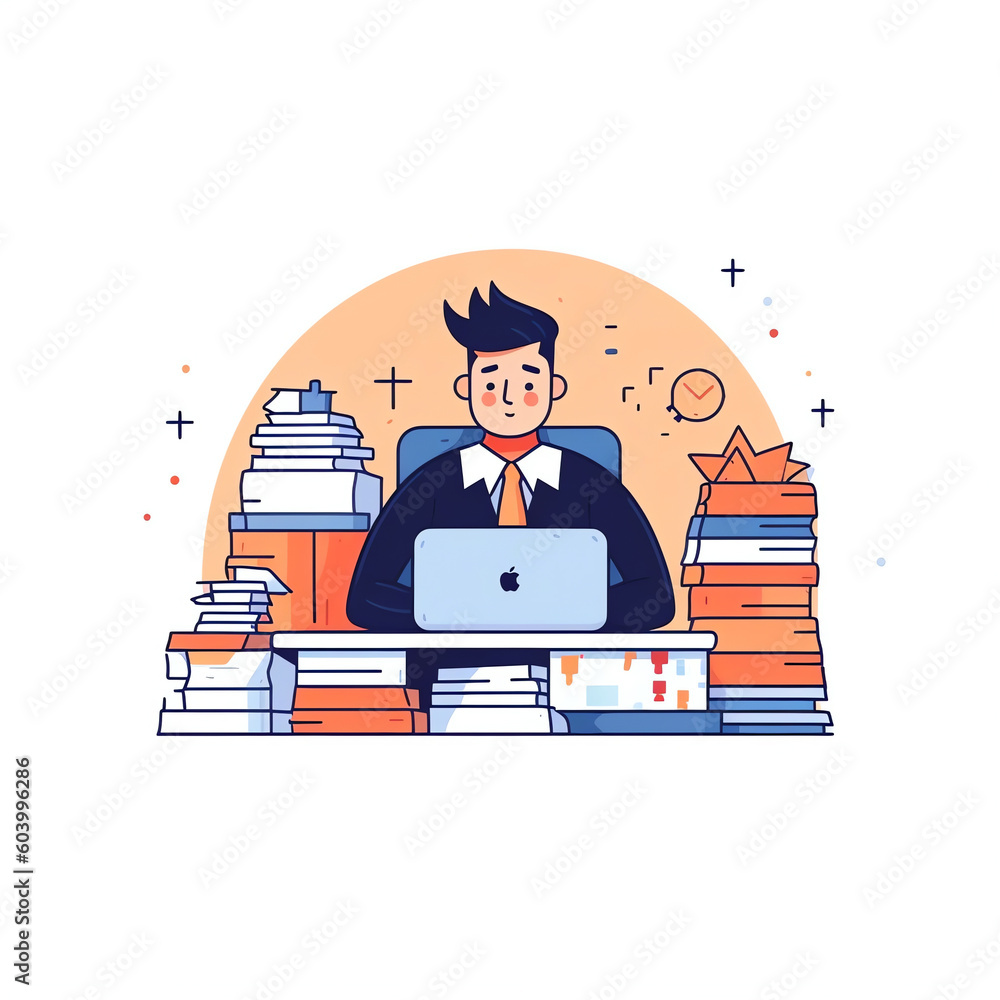 Poster stack or pile of paper with busy small people around. many office work concept. chaos on the workpla