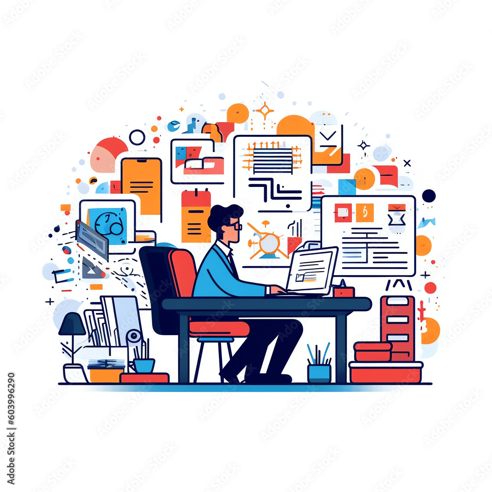 Poster stack or pile of paper with busy small people around. many office work concept. chaos on the workpla