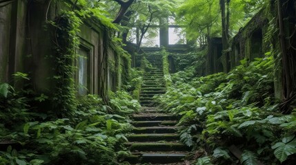 Abandoned city that has long been reclaimed by nature