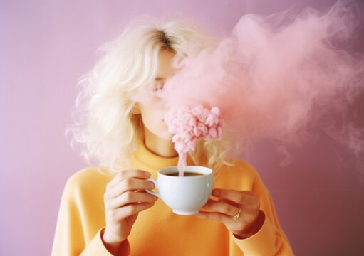 Fashion woman drinking coffee near pastel color cloud on light background, AI Generated
