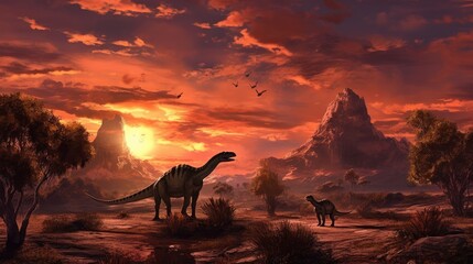 Dinosaurs landscape at sunset. Generative AI