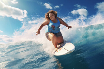 A fat woman is surfing in the sea. Generative AI