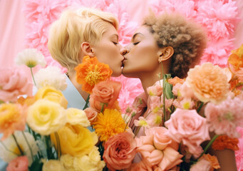 Obraz na płótnie Canvas Two pretty stylish cool girls lgbtq couple dating in love, together kissing near giant flowes, AI Generated