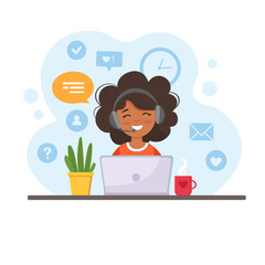 black woman with headphones and microphone with laptop. working at home. Concept of online education, freelance, remote work, support, call center. Customer service. Vector illustration.