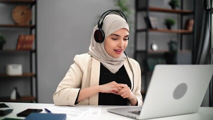 Turkish woman talking online video call working business freelance e learning web communication