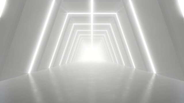 Abstract white futuristic geometric tunnel, architecture design concept, 3d rendering. loop animation.