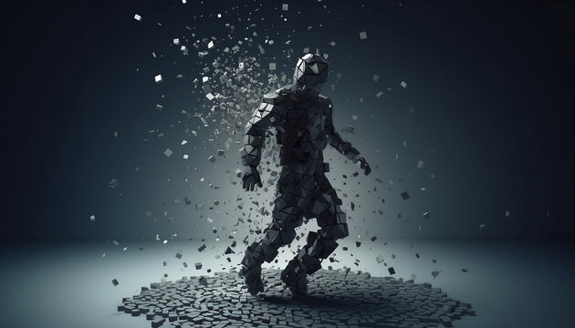 Disintegrating man to tiny disintegrating tessellated cubes, generative ai