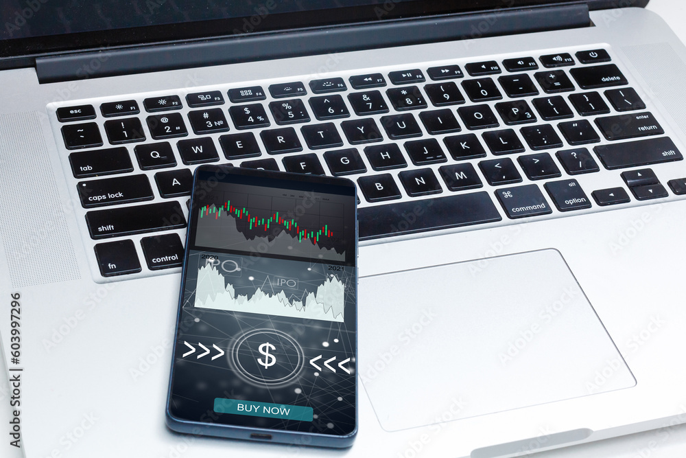 Poster smartphone with ipo graphics. app is open on smart phone - stock chart is visible in the background.