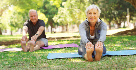 Portrait, yoga and senior couple in a park, meditation and exercise with sunshine, balance or wellness. Face, mature man or old woman with workout, fitness and outdoor with retirement and performance