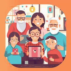 Grandson boy teach grandparents use tablet pc. Seniors elderly learning education modern technology internet computer in the city park bench grandfather grandmother son  Generative AI.