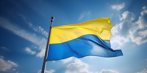 Ukraine flag fluttering in blue sky. Large yellow blue Ukrainian state flag. Independence Constitution Day, National holiday. AI generative