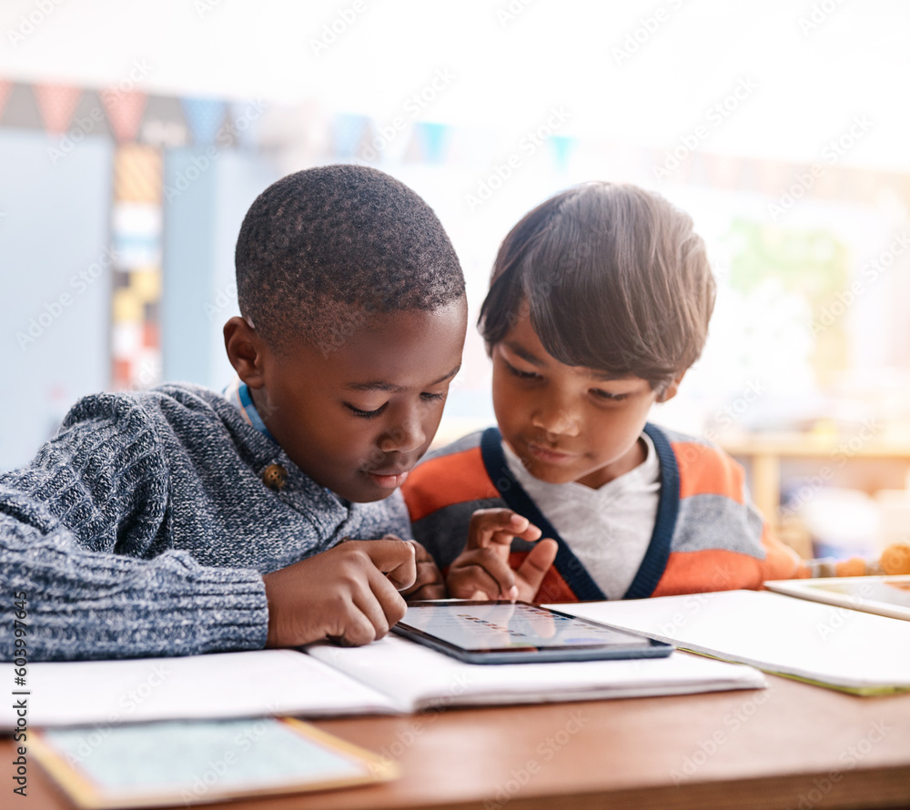 Poster tablet, school and boy students in classroom doing research while studying for test or exam. technol