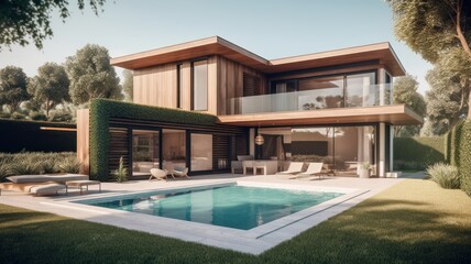 Fototapeta premium A modern two-storey high-tech minimalist villa with huge panoramic windows, a neat green lawn and a swimming pool in the foreground. Modern comfortable living environment. Generative AI