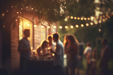 Outdoor party with lamp garlands and many people silhouettes blurred image - obrazy, fototapety, plakaty