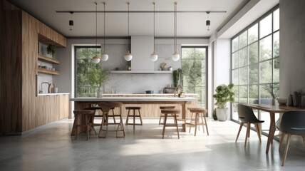 Fototapeta na wymiar Modern spacious minimalistic kitchen with loft elements with large panoramic windows. Dining area, table and chairs. Combination of wood and concrete. Comfortable living space. Generative AI