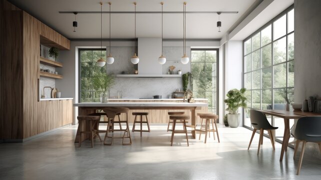 Modern spacious minimalistic kitchen with loft elements with large panoramic windows. Dining area, table and chairs. Combination of wood and concrete. Comfortable living space. Generative AI