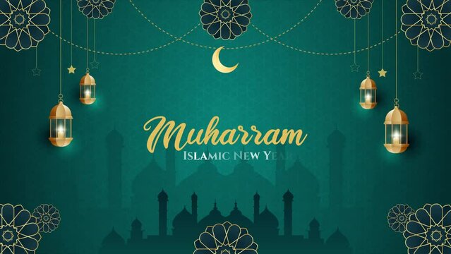 Happy Islamic New Year Muharram banner with Islamic ornament illustration on green gradient background