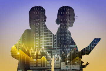 Multiple exposure with silhouettes of businesspeople, graphs, data and buildings