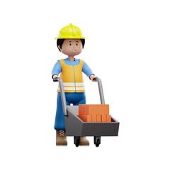 3d construction worker with project cart