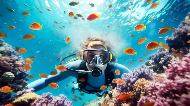 Scuba diver woman swimming in the under water sea , Generative Ai Technology
