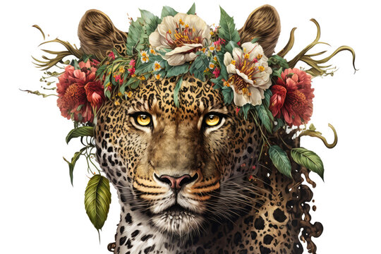 jaguar leopard big cat illustration drawing watercolor painting with floral flower plant elements for wall art poster sticker tattoo t-shirt design. generative ai
